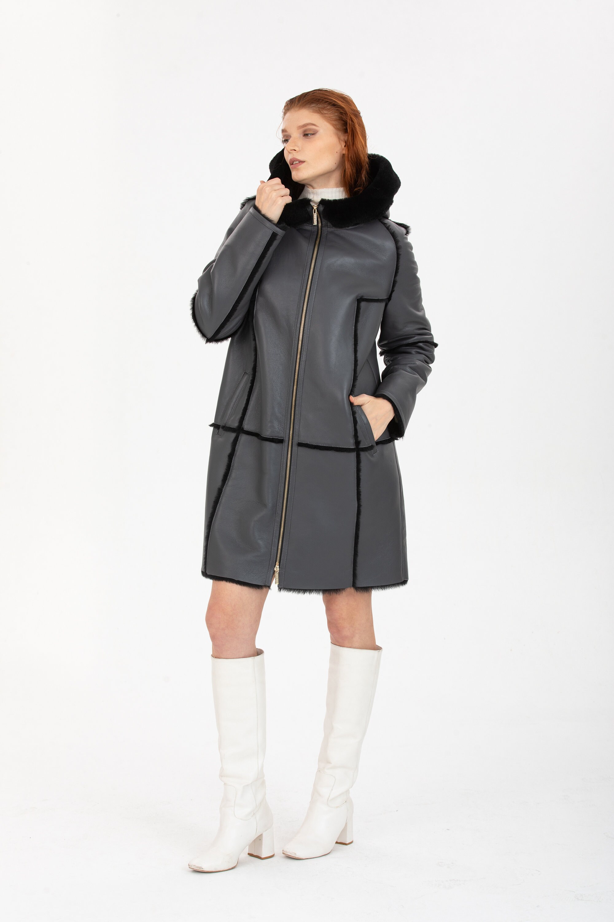 Women's Genuine Leather Coat, Anthracite Fur Hooded Long Jacket