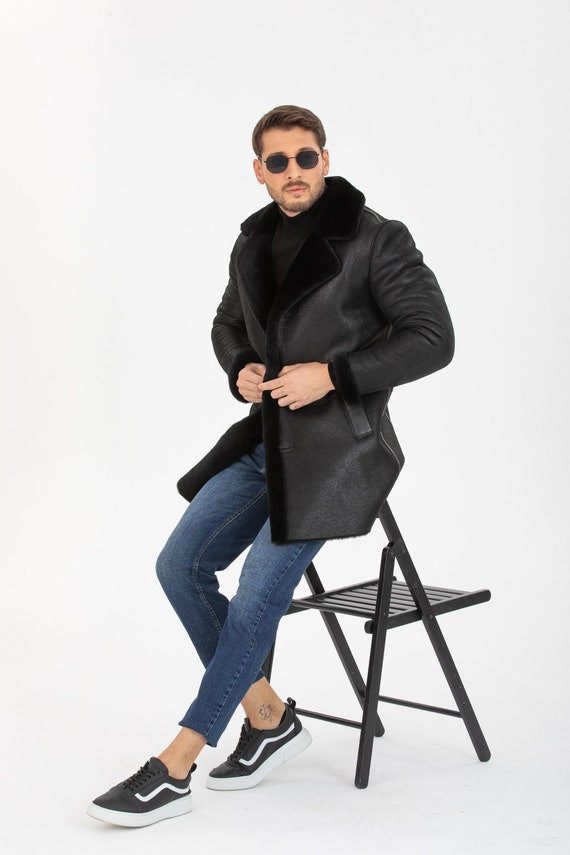 Men's Leather Coat, Long Fur Lined Collar, Black Long Jacket, Buttoned Closure, Warm Winter Jacket - 500522