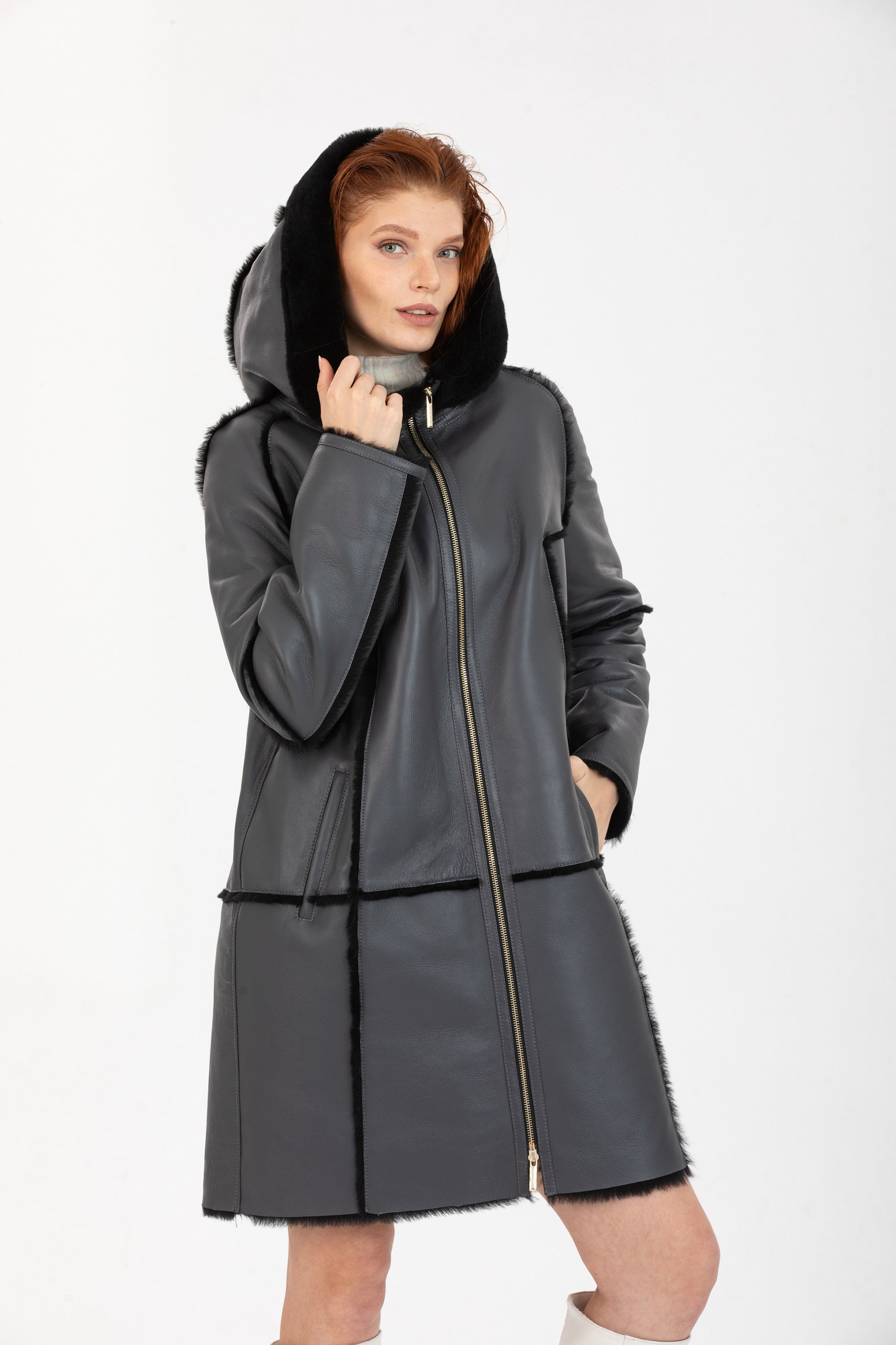Women's Genuine Leather Coat, Anthracite Fur Hooded Long Jacket