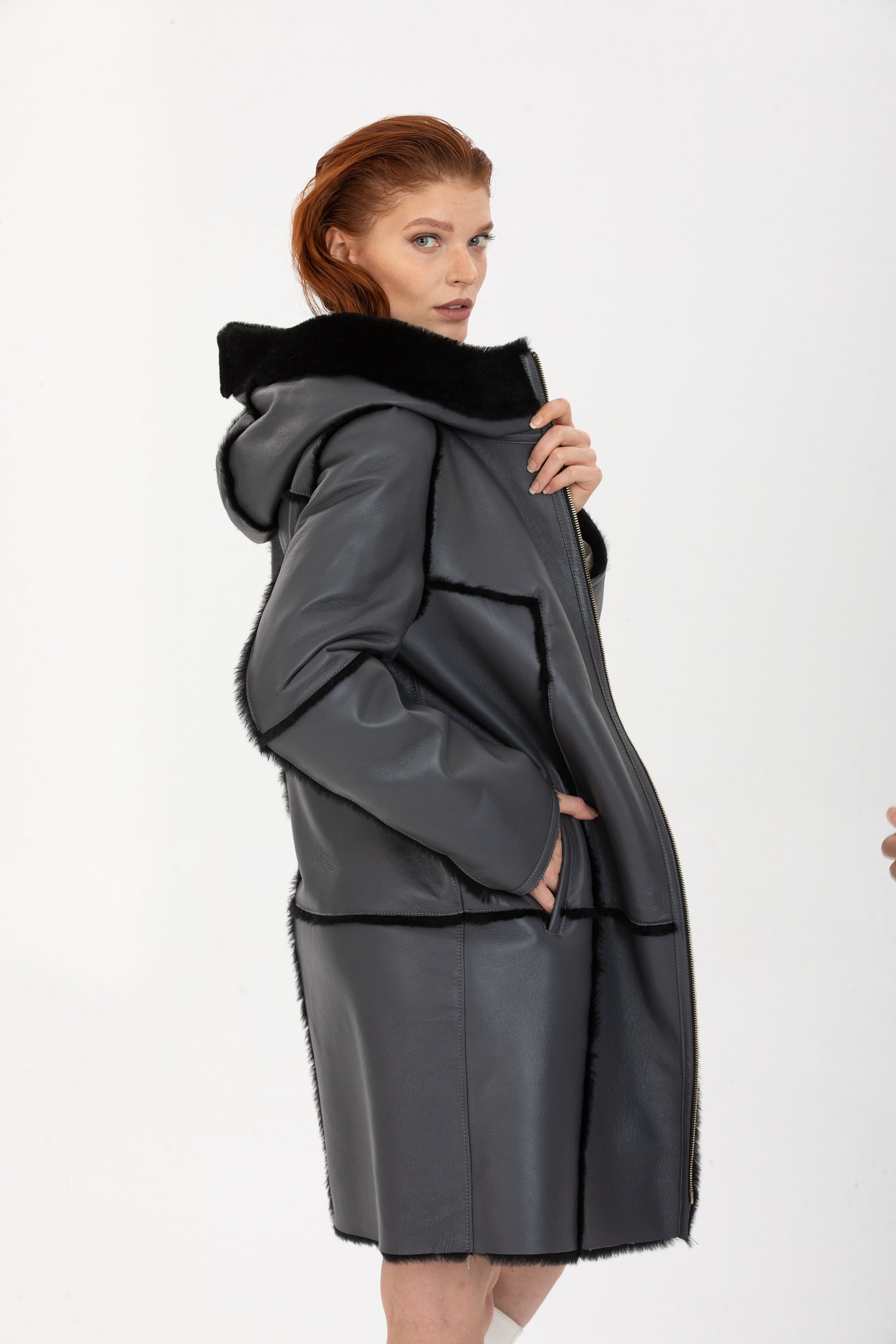Women's Genuine Leather Coat, Anthracite Fur Hooded Long Jacket