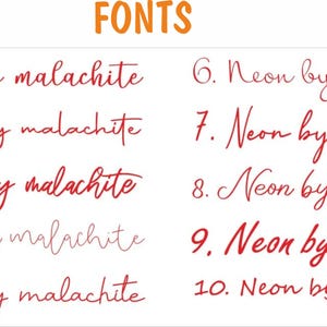 May include: A digital image showing ten different font styles for the phrase "Neon by malachite". The fonts are all handwritten and in red.