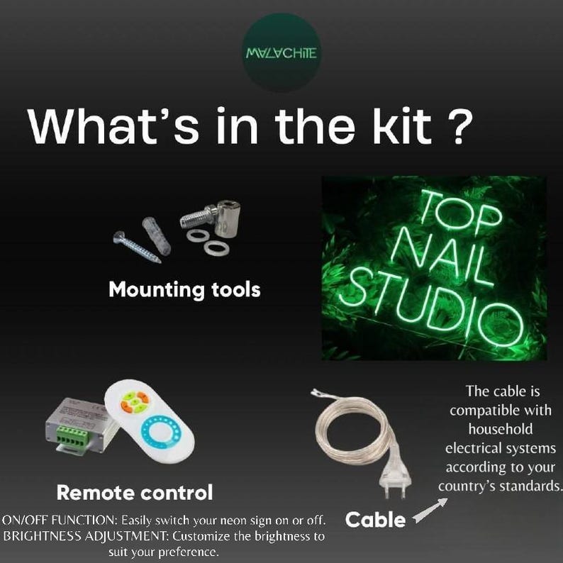 May include: A neon sign that says "TOP NAIL STUDIO" in green letters. The kit includes a remote control, mounting tools, and a cable that is compatible with household electrical systems.