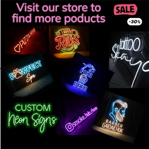 May include: A collection of custom neon signs with various designs and colors, including a pizza house, a spa, ribs, fish and beer, a tattoo shop, a smoke hub, and a barber shop. The signs are all lit up and create a vibrant and eye-catching display. The text "CUSTOM Neon Signs" is also visible in the image.