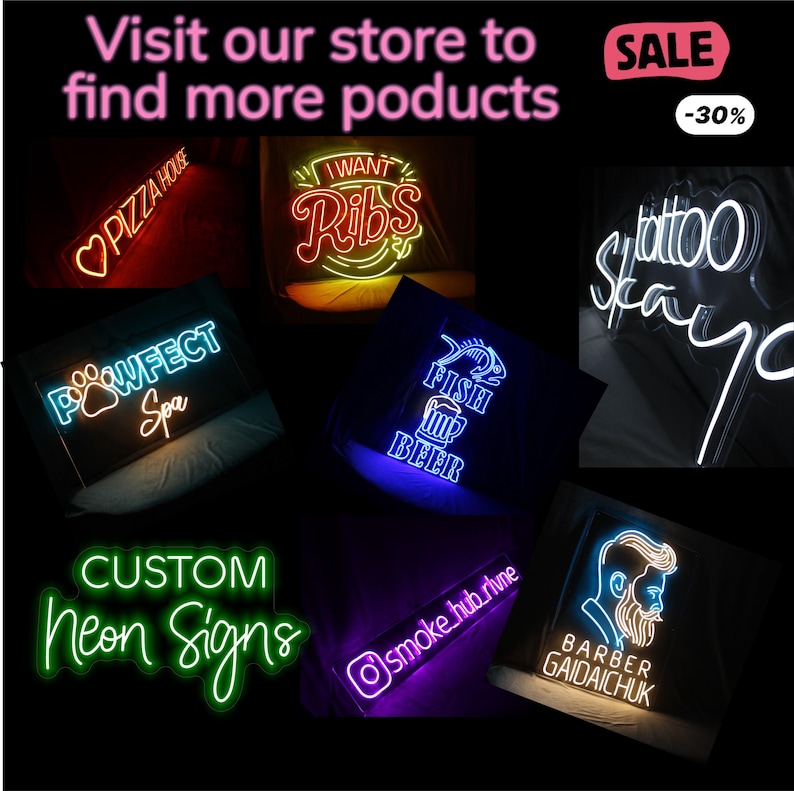 May include: A collection of custom neon signs with various designs and colors, including a pizza house, a spa, ribs, fish and beer, a tattoo shop, a smoke hub, and a barber shop. The signs are all lit up and create a vibrant and eye-catching display. The text "CUSTOM Neon Signs" is also visible in the image.