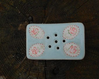 Seifenschale/rechteckig/klein/hellblau/Röschen/Abflusslöcher