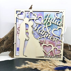 Personalized wooden wedding card for money gifts.