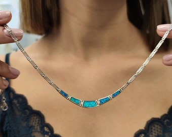 Blue Opal Necklace , Sterling Silver 925 , Greek Key Necklace , Ancient Greek Jewelry , Silver Necklace with Stones , Handmade , Meander