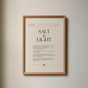 Póster con versículo bíblico "Sal y Luz", Mateo 5:13-16, arte mural cristiano, decoración moderna para el hogar.