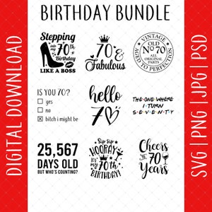 Peut inclure: Un ensemble de 8 designs imprimables en noir et blanc pour un 70e anniversaire. Les designs comprennent des textes tels que "Stepping into my 70th Birthday Like a Boss", "70 & Fabulous", "Vintage Old No 70 Aged to Perfection", "Is You 70?", "Hello 70", "The One Where I Turn Seventy", "Sip Sip Hooray It's My 70th Birthday!" and "Cheers to 70 Years".