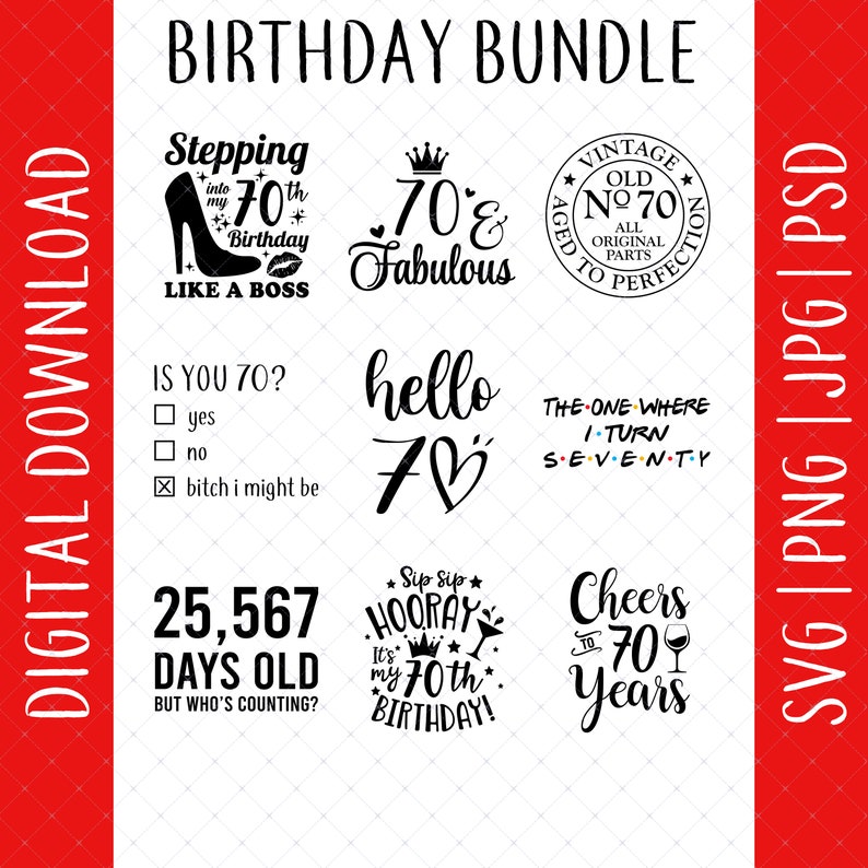 Peut inclure: Un ensemble de 8 designs imprimables en noir et blanc pour un 70e anniversaire. Les designs comprennent des textes tels que "Stepping into my 70th Birthday Like a Boss", "70 & Fabulous", "Vintage Old No 70 Aged to Perfection", "Is You 70?", "Hello 70", "The One Where I Turn Seventy", "Sip Sip Hooray It's My 70th Birthday!" and "Cheers to 70 Years".