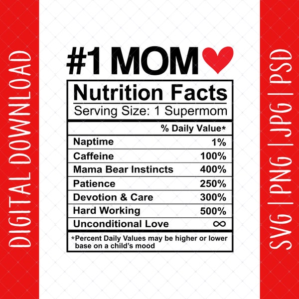 Mom Nutrition Facts Digital Download - Birthday Gifts For Mom From Daughter Son, Mothers Day Gifts, Mom Shirt, Mom Svg Cricut Cut File