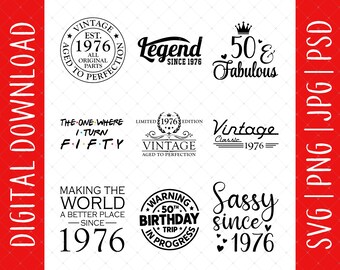 Paquete de 9 diseños para el 50 cumpleaños (descarga digital): decoración para el 50 cumpleaños, regalos para hombres y mujeres, tarjetas y pósteres para el 50 cumpleaños (archivos SVG).