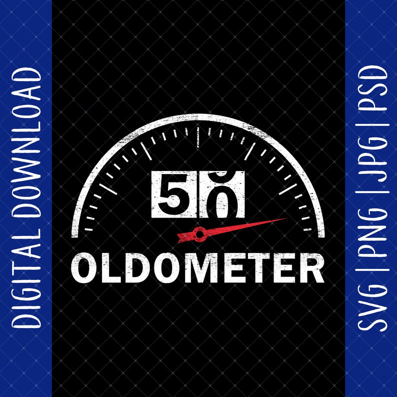 May include: A black and white graphic design of a speedometer with a red needle pointing to 50. The text "OLDOMETER" is below the speedometer.