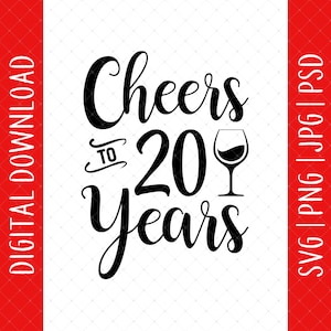 Cheers To 20 Years 20th Birthday Digital Download - Cartão de 20º aniversário, 20º aniversário, presentes de 20º aniversário para ela e ele, camiseta de 20º aniversário