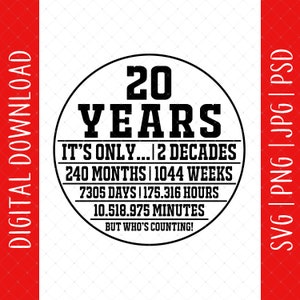 Descarga digital divertida de conteo de cumpleaños número 20: Svg de cumpleaños número 20, regalos de cumpleaños número 20 para ella y él, archivos Svg de póster de tarjeta de cumpleaños número 20