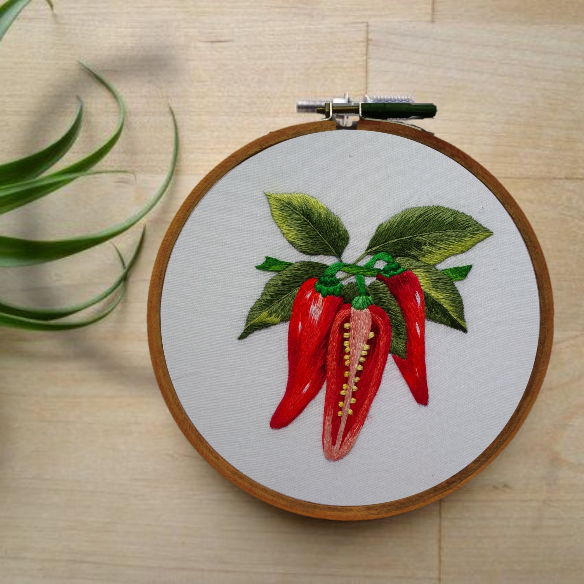 Chilli Pepper Thread Painting Hand Embroidery Hoop Wall Art Botanical Illustration