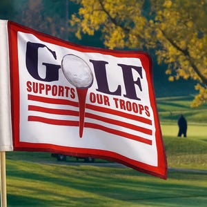 Aangepaste banner golfevenement – 14 x 20 inch Nyl-Glo-slinger – ondersteunt onze troepen – decor patriottisch toernooi