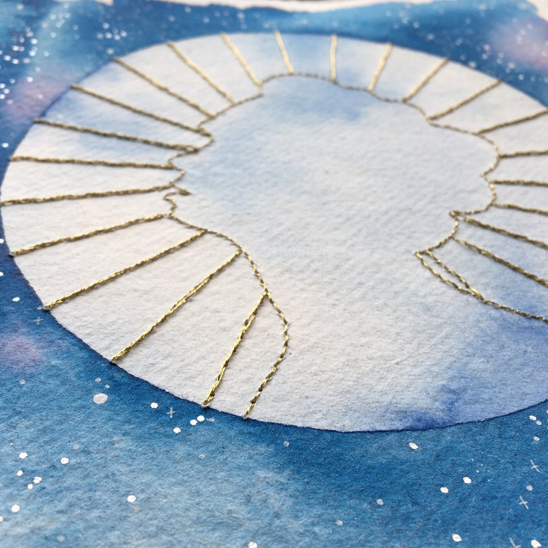 Children of the Sun Original celestial watercolour moon and gold embroidery on handmade paper NOT A PRINT Stay Wild Moon Child image 2