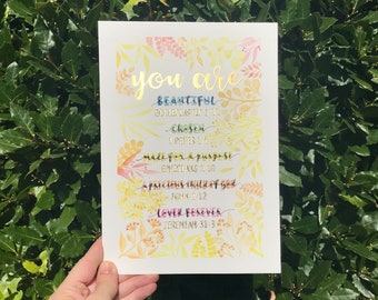You Are Beautiful | 23ct genuine gold leaf & watercolour florals | Original artwork hand painted bible verse wall art | words to encourage