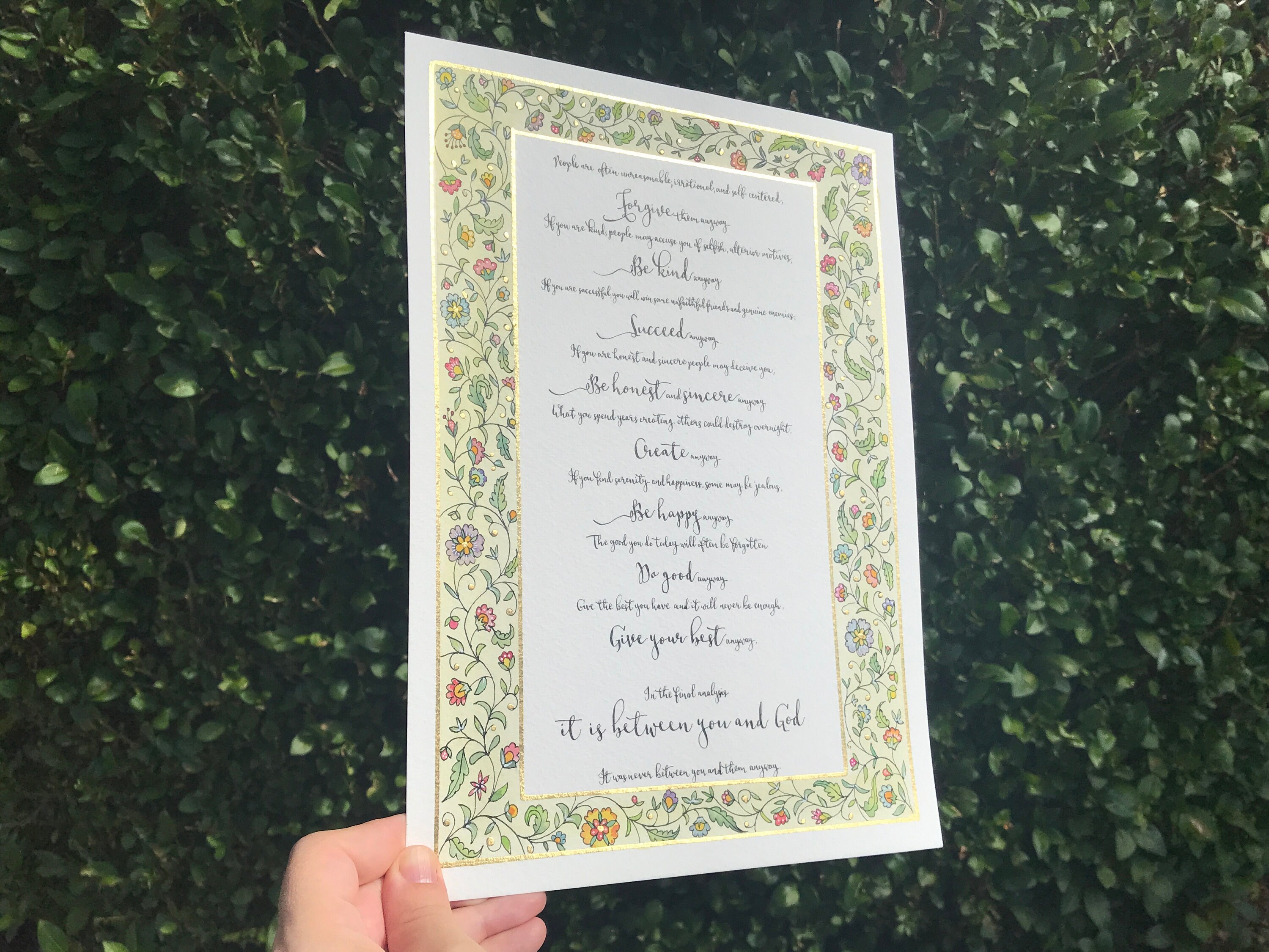Mother Teresa anyway Poem Hand Painted ORIGINAL With 23 Carat Genuine ...