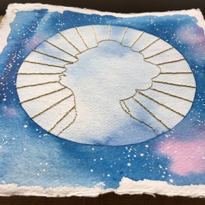 Children of the Sun Original celestial watercolour moon and gold embroidery on handmade paper NOT A PRINT Stay Wild Moon Child image 4