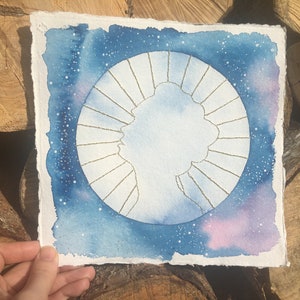 Children of the Sun Original celestial watercolour moon and gold embroidery on handmade paper NOT A PRINT Stay Wild Moon Child image 8
