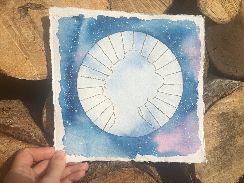Children of the Sun Original celestial watercolour moon and gold embroidery on handmade paper NOT A PRINT Stay Wild Moon Child image 8