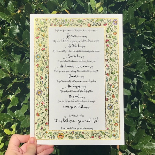 Mother Teresa ‘Anyway’ poem | hand painted ORIGINAL with 23 carat genuine gold leaf & watercolour | Illuminated gold leaf ‘Do It Anyway’