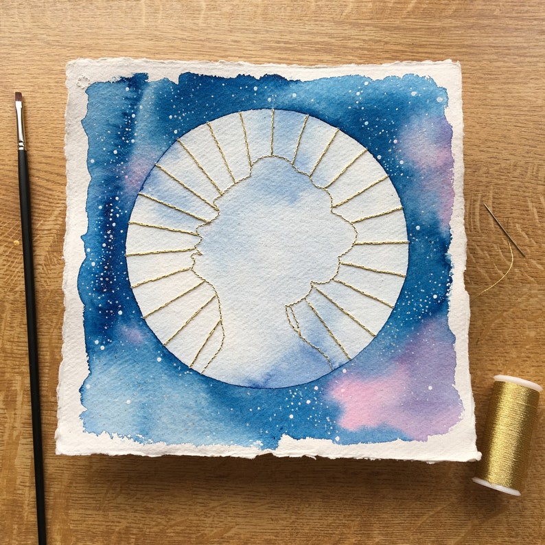 Children of the Sun Original celestial watercolour moon and gold embroidery on handmade paper NOT A PRINT Stay Wild Moon Child image 1