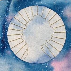 Children of the Sun Original celestial watercolour moon and gold embroidery on handmade paper NOT A PRINT Stay Wild Moon Child image 3