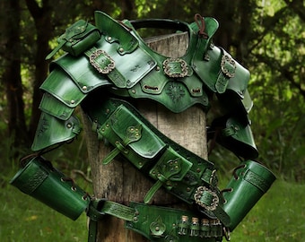 Costume Leather Set Larp Ranger, Pauldrons Gorget Bandolier Bracers Belt