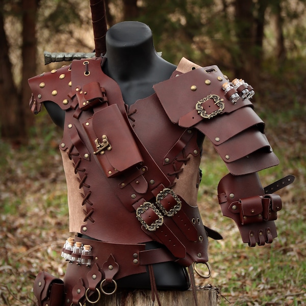 Witcher Young Warrior Armored - leather larp chestplate costume. With bandolier and backscabbard