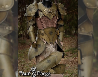 Glade Guard Full Elven armor set: pauldrons, gorget, vest, bracers, tasset belt, shin guards, graves- leather costume LARP
