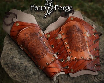 Viking bracers - celtic dragon  - leather cuffs - with LARP dagger case.