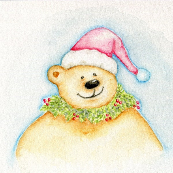 Misha's first Christmas a portrait of a bear wearing a Santa hat and Christmas decorations