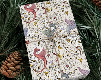 Medieval Dragons Wrapping Paper, Gift Wrap, Fantasy, Witchy, Historical, Illuminated Manuscript, Bestiary
