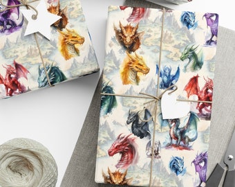 DnD Wrapping Paper Dragons Gift Wrap, Dungeons and Dragons Fantasy RPG