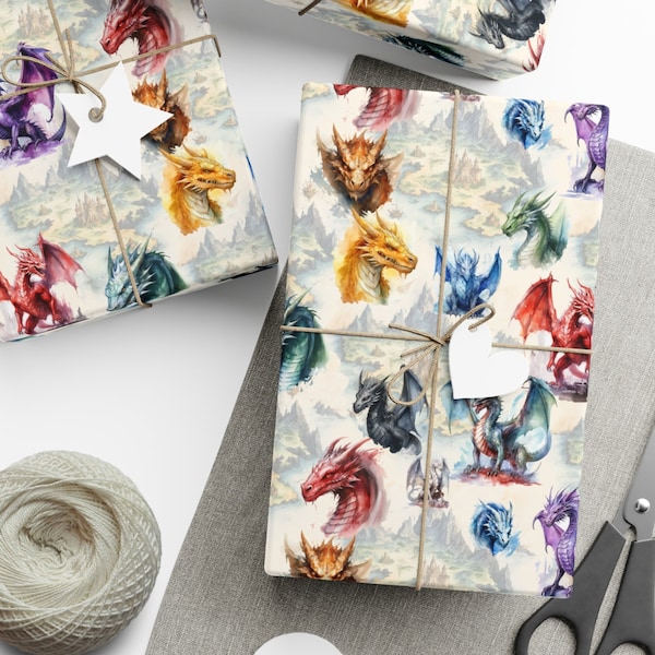 DnD Wrapping Paper Dragons Gift Wrap, Dungeons and Dragons Fantasy RPG
