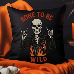 Bone to Be Wild Skeleton Pillow | Funny Halloween Throw Pillow Cover | Rock and Roll Skeleton Decor for Spooky Season