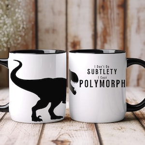 Taza de DnD "No me ando con sutilezas, lanzo polimorfismo", taza divertida de dinosaurios de Dungeons and Dragons, regalo para Dungeon Master, taza de café para juegos de rol.