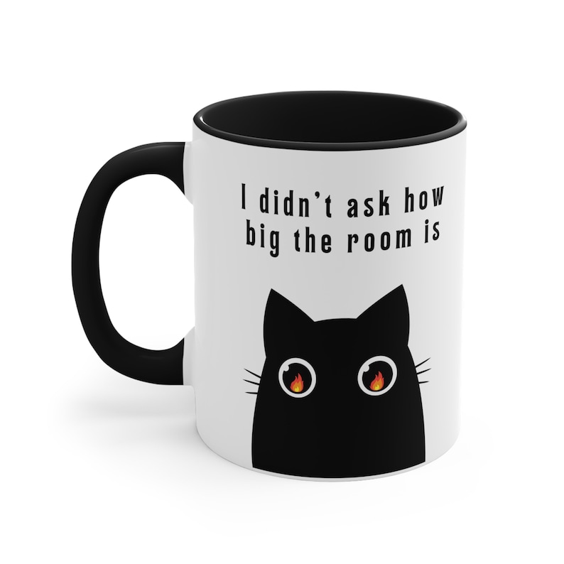 A white ceramic mug with a flaming D20 on it for dungeons and dragons DnD that says I didnt ask how big the room is on one side and I said I cast FIREBALL on the other