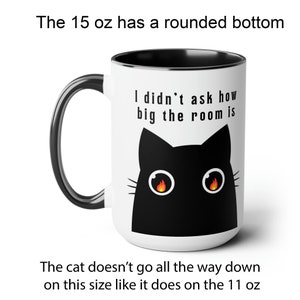 A white ceramic mug with a flaming D20 on it for dungeons and dragons DnD that says I didnt ask how big the room is on one side and I said I cast FIREBALL on the other