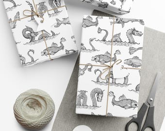 Medieval Sea Monsters Wrapping Paper, Gift Wrap, Fantasy, Witchy, Historical, Illuminated Manuscript, Bestiary