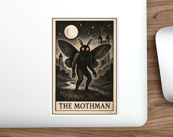 May include: A sticker with a black illustration of the Mothman, a cryptid with red eyes and large wings, set against a moonlit landscape with a castle. The text "THE MOTHMAN" is at the bottom of the image.