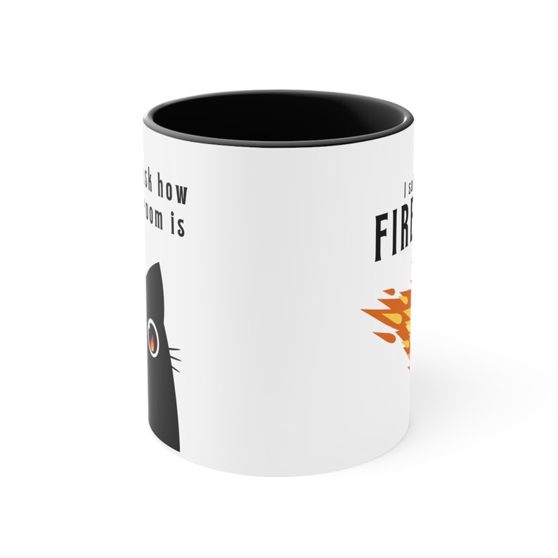 A white ceramic mug with a flaming D20 on it for dungeons and dragons DnD that says I didnt ask how big the room is on one side and I said I cast FIREBALL on the other