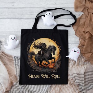Heads Will Roll Sleepy Hollow Tote Bag | Gothic Headless Horseman Halloween Bag | Spooky Fall Tote for Women | Trick or Treat Bag