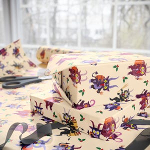 Stack of Christmas gifts wrapped in Krampus paper on holiday table setting