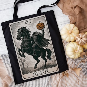 Schläfrige hohle Tarot-Karten-Einkaufstasche | Death Card Headless Horseman Halloween Tasche | Gothic Herbst Tasche Gruseliges Geschenk für sie