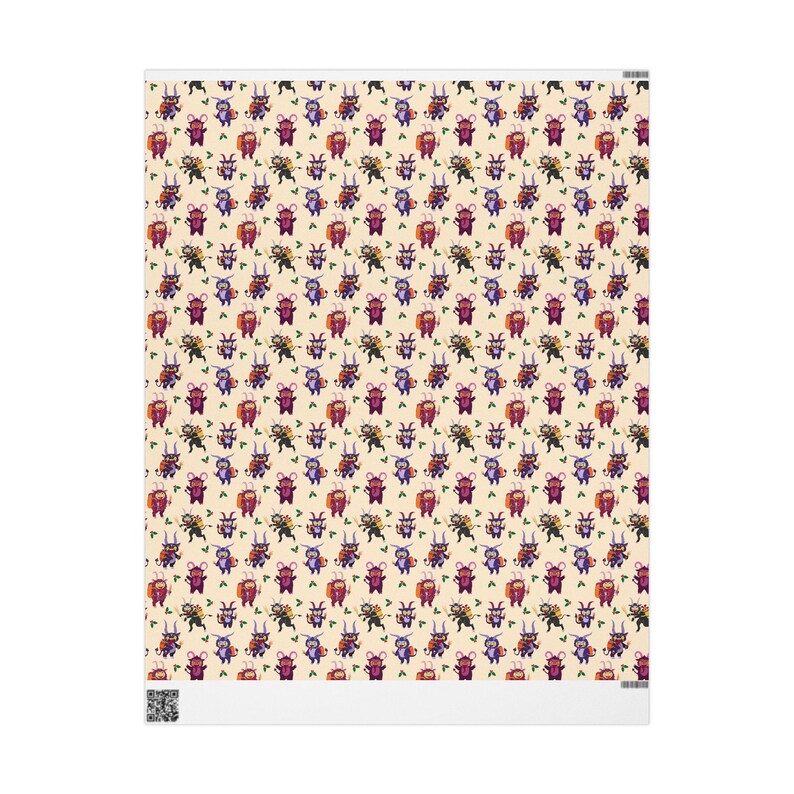 Long vertical view of Krampus wrapping paper roll with repeating Krampus print
