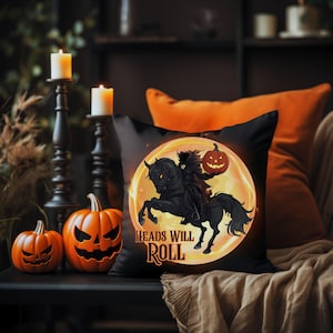 Heads Will Roll Sleepy Hollow Faux Suede Square Throw Pillow Cover | Headless Horseman Halloween Pillowcase | Gothic Fall Decor